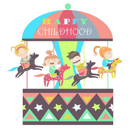 Happy kids riding merry go round. Vector isolated illustration