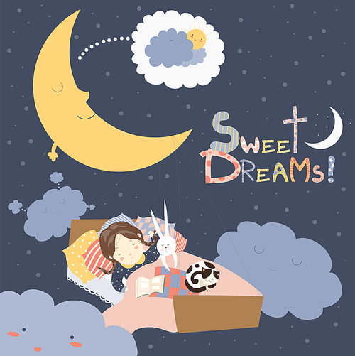 Little girl sleeping with cat. vector illustration