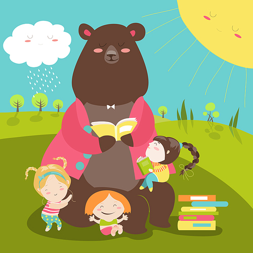 Cute bear reading book for girls. Vector illustration