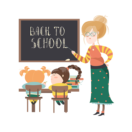 Teacher by blackboard with pupils in the classroom. Vector illustration