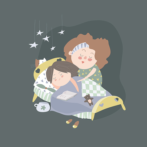 Mom kisses daughter at bedtime. Vector illustration