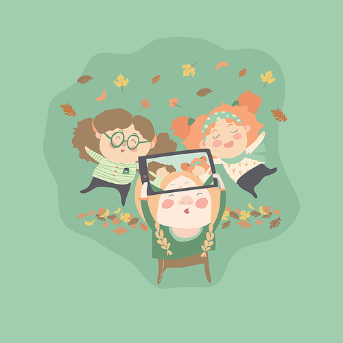 Girls friends taking selfie photo with autumn leaves. Vector illustration