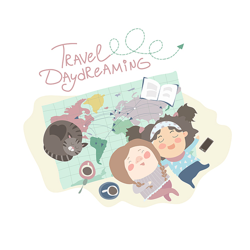 Two cute girls have daydreaming about traveling. vector illustration