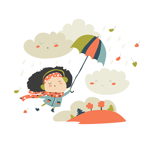 Girl with umbrella playing with the fall leaves and rain. Vector illustration