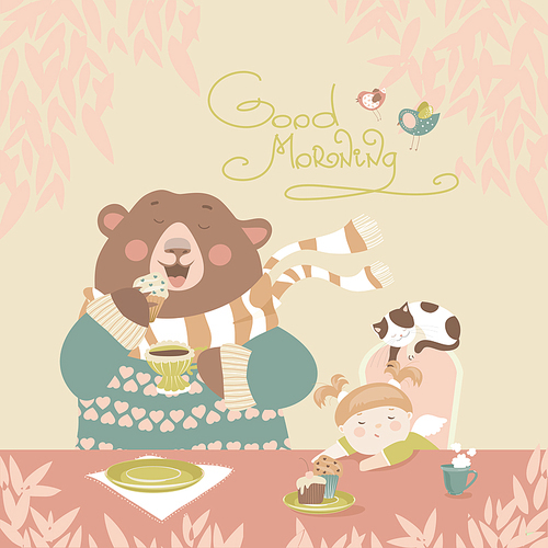 Girl drinking tea with a cute bear. Vector illustration
