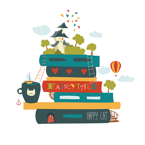 Fairytale concept with book and medieval castle. Vector illustration