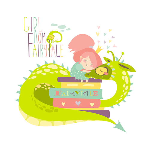 Cute princess sitting on pile of books and hugging the dragon. Vector illustration