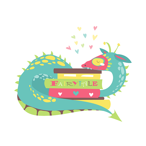 Cute dragon with stack of books. Vector illustration