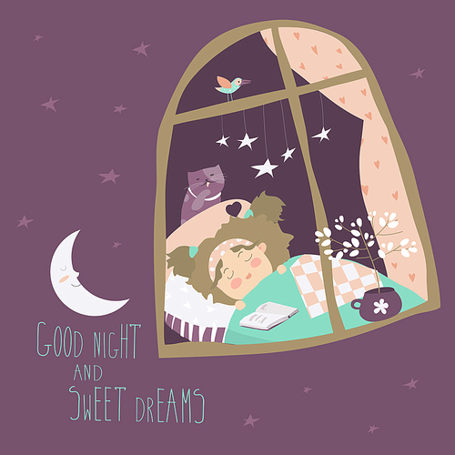 Little girl sleeping by the window. Vector illustration