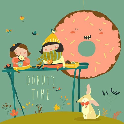 Cute girls enjoying tea time with donuts. Vector illustration