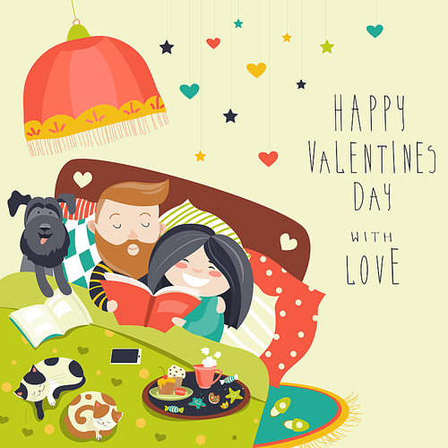 Happy couple in bed with cats and dog. Vector illustration