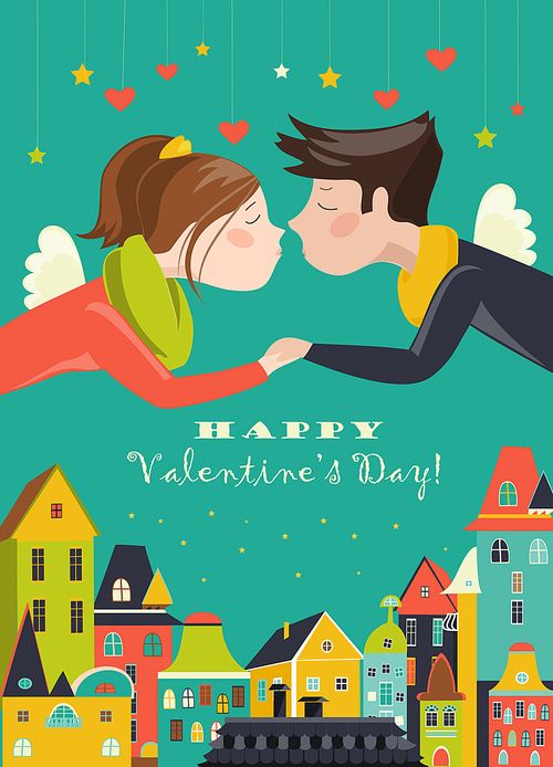 Couple in love celebrating Valentines Day. Vector romantic greeting card