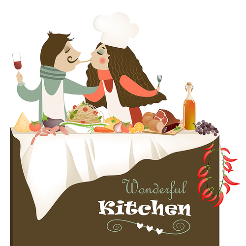 Vector illustration of couple in love cooking meal