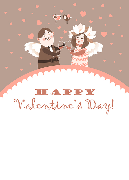 Cute angels celebrating Valentine's Day. Vector romantic greeting card