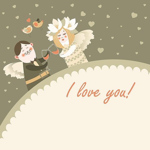 Cute angels celebrating Valentine's Day. Vector romantic greeting card