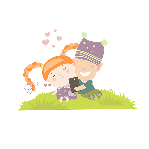 Young couple making self-portrait. Vector isolated illustration