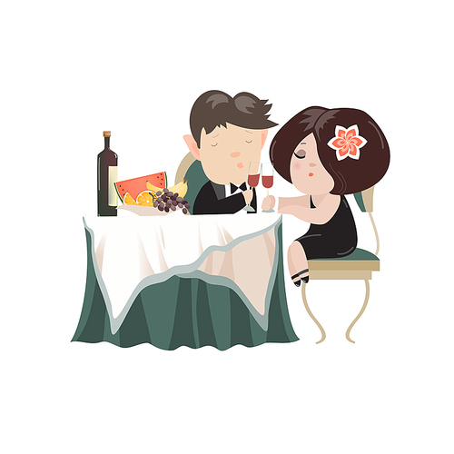 Young adult couple drinking red wine after romantic dinner together in elegant restaurant. Vector isolated illustration
