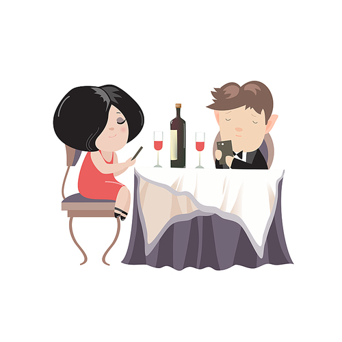 Romantic couple dinner, looking at their smart phones. Smart phone addicted people. Modern life concept. Vector illustration