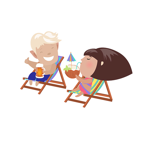 Couple drinking beverages sitting in the deck chairs. Vector isolated illustration