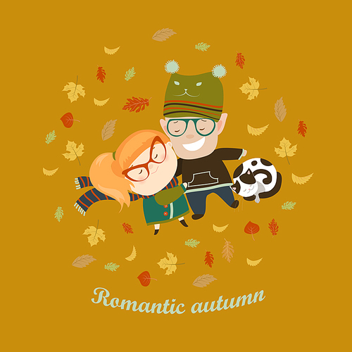 Romantic couple lying on grass among the fallen leaves. Vector illustration