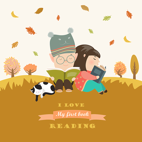 Kids reading book at autumn meadow. Vector illustration