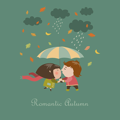 Boy and a girl kissing under umbrella. Vector illustration