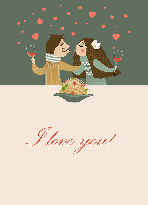 Couple in love eating spaghetti. Vector romantic card