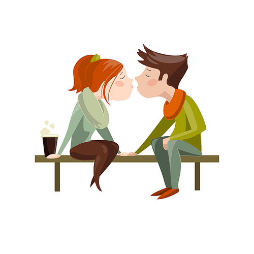 Young couple kissing on bench. Vector isolated illustration
