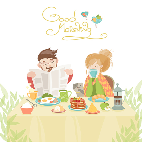 Couple in love having breakfast. Vector illustration