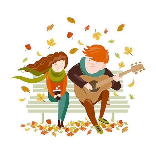 Boy plays guitar for a girl in the autumn park. Vector illustration