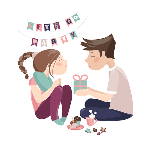 Boy giving gift to girlfriend. Vector isolated illustration