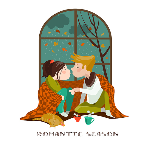 Young couple  under the plaid. Vector illustration