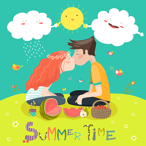 Young couple kissing at a meadow . Vector illustration