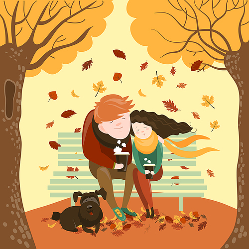 Couple sitting on bench and drink coffee. Vector illustration