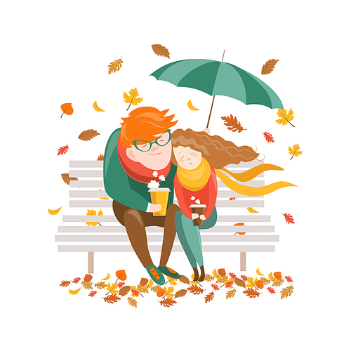 Couple sitting on bench under umbrella. Vector illustration