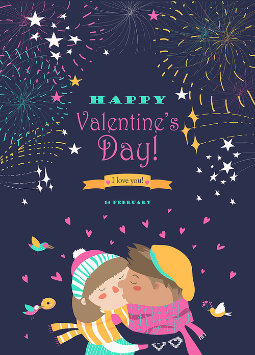 Valentines card with kissing couple and firework. Vector illustration
