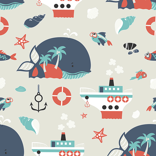 Seamless vector background with cute sea objects