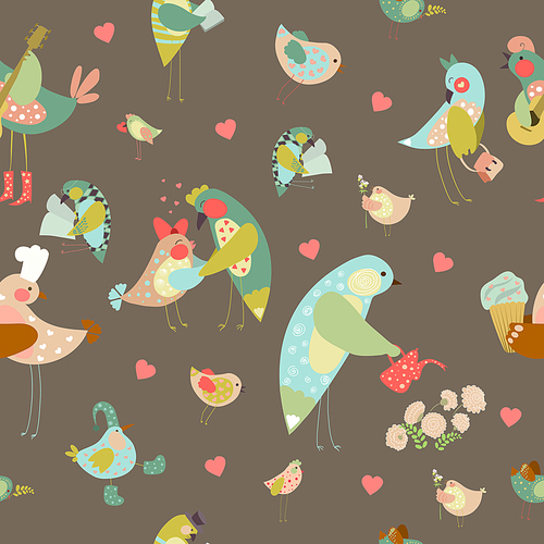 Seamless vector background with cute colorful birds