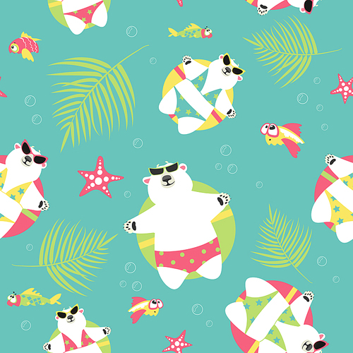 Seamless vector background with polar bears swimming with rubber ring