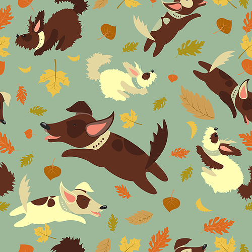 Seamless vector pattern,funny dogs playing with autumn leaves