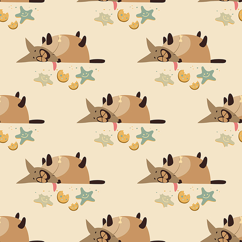 Seamless vector pattern, funny dog overeaten cookies