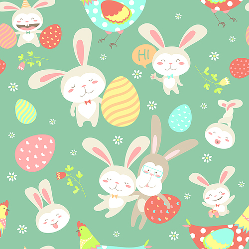 Easter bunnies and easter eggs seamless pattern