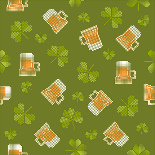 Big pixels styled St. Partick day with beer and shamrock seamless pattern