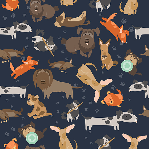 Funny Mixed Breed dogs with tracks seamless pattern