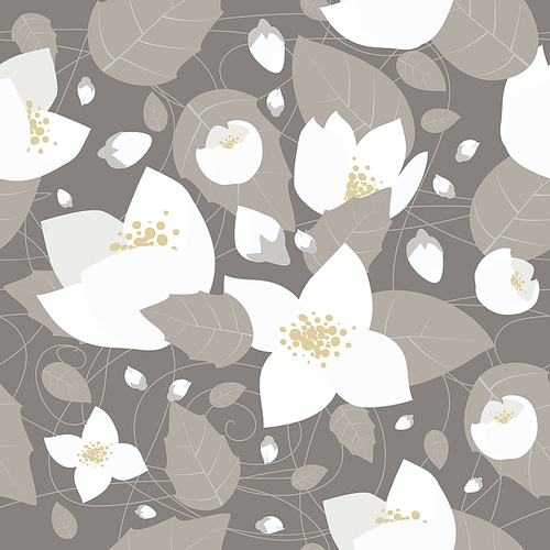 Seamless monochrome flower pattern on gray background