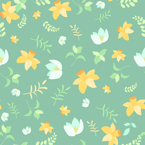 Seamless spring flower pattern on green background