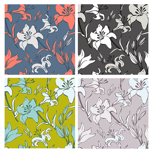 Seamless vintage lilly flower pattern on colorful background