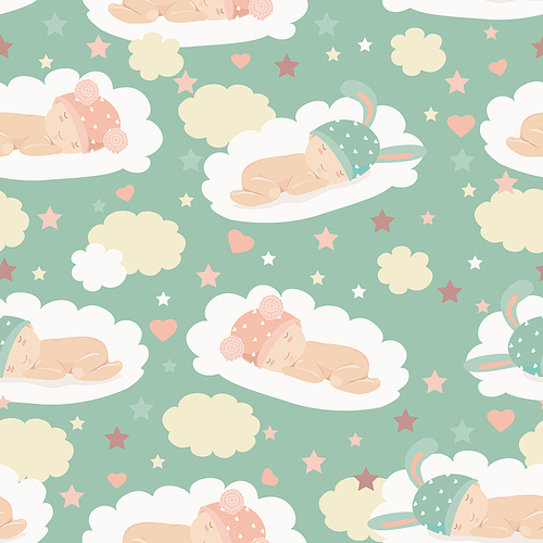 Vector cute babies on clouds seamless pattern