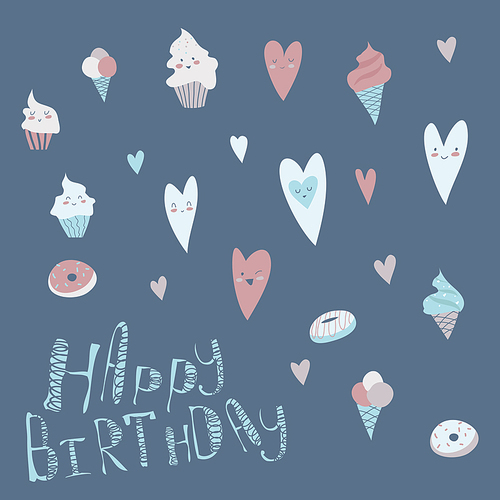 Birthday design with hearts and cupcakes. Vector illustration