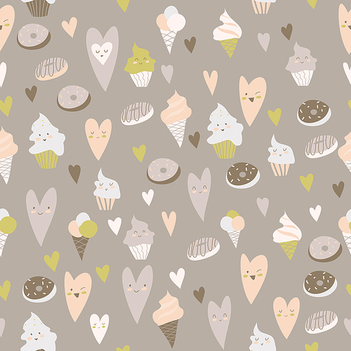 Beautiful seamless pattern of delicious cupcakes, hearts,donuts, on a gray background